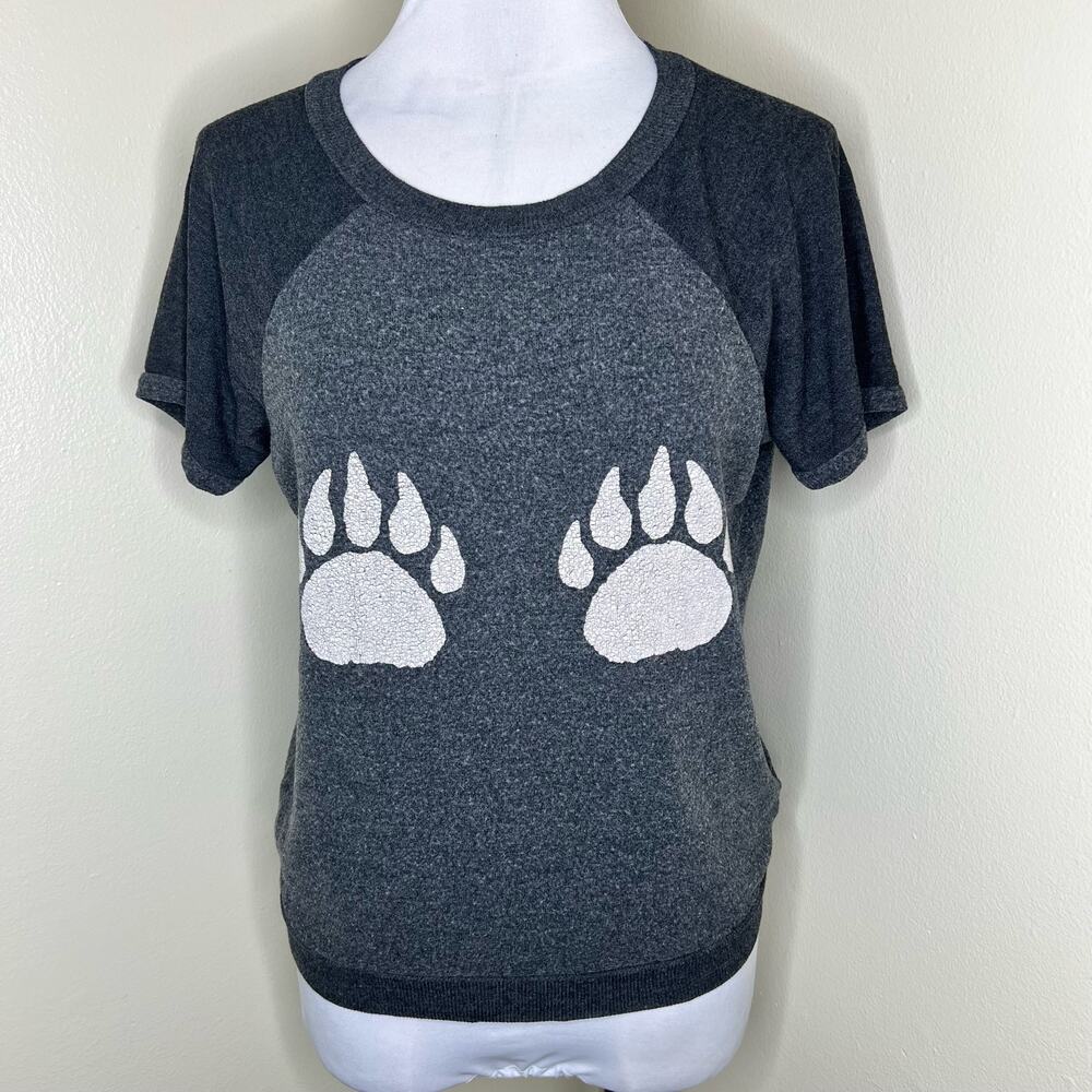 Wildfox Short Sleeve Sweater SMALL Sweatshirt Bear Paw Print Gray Pullover Top